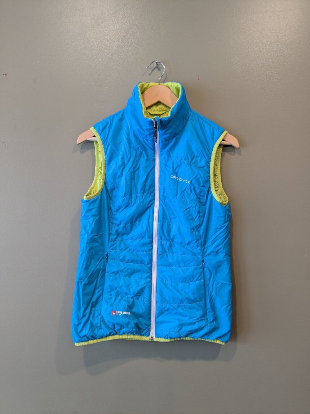 Ortovox Womens Small Swisswool Piz Grisch Reversible Vest Blue Green Ski Puffer
